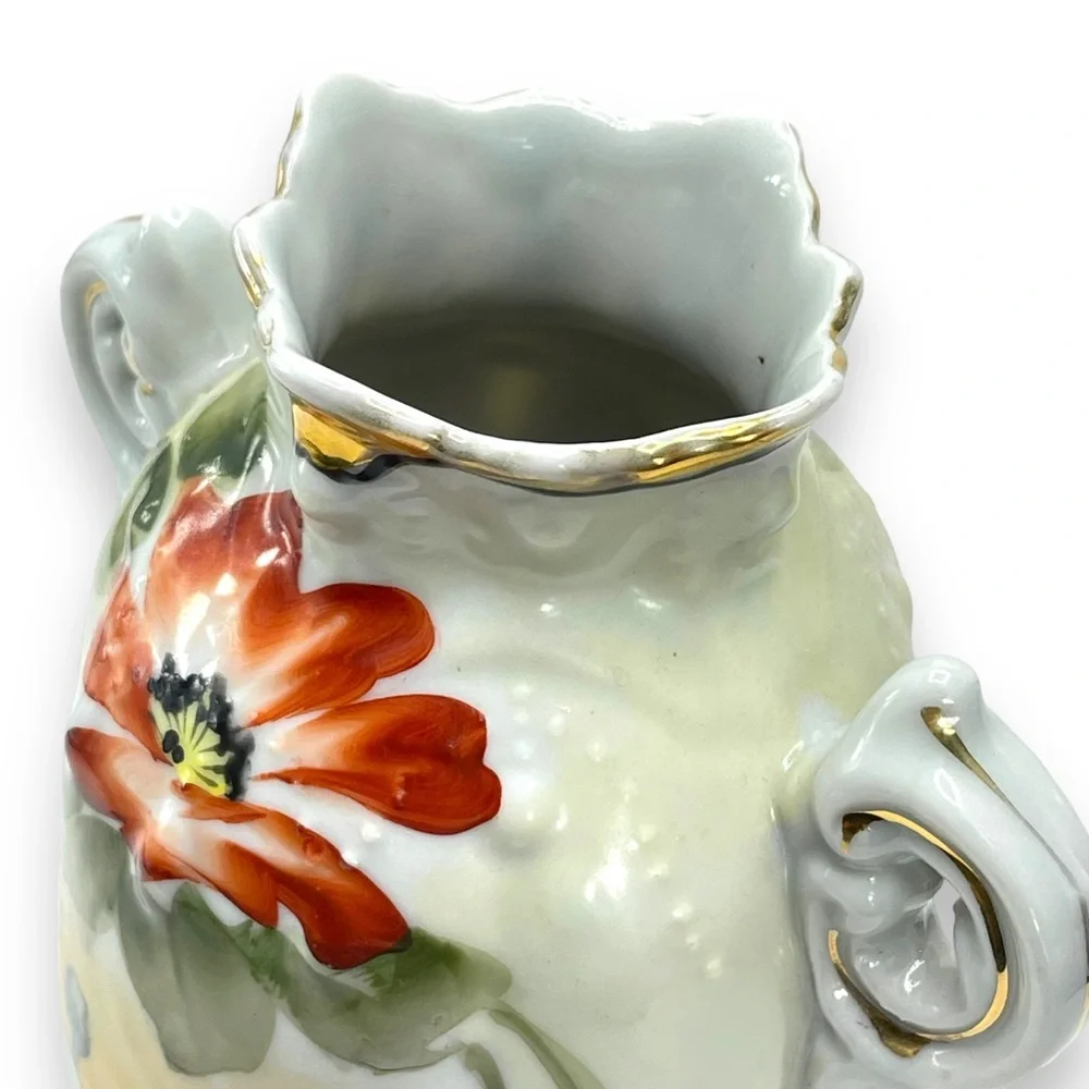 Nippon Hand-Painted Porcelian 2 Handle Vase Floral Lake  Pattern & Gold Trim